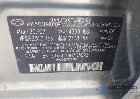 2008 Hyundai Sonata Gls из США, поврежденный, VIN 5NPET46C78H303023